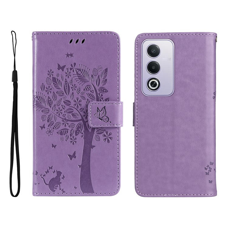 KT Imprinting Flower Series-3 For Oppo A3 Pro (Global) 5G Case Cat Tree Pattern Flip Leather Phone Cover - Light Purple