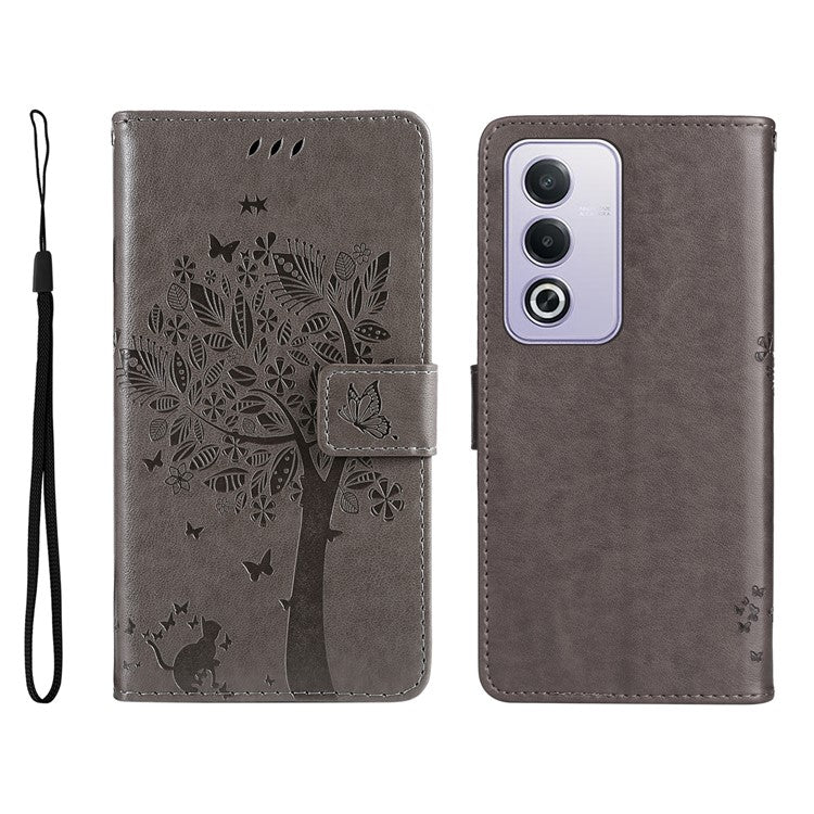 KT Imprinting Flower Series-3 For Oppo A3 Pro (Global) 5G Case Cat Tree Pattern Flip Leather Phone Cover - Grey