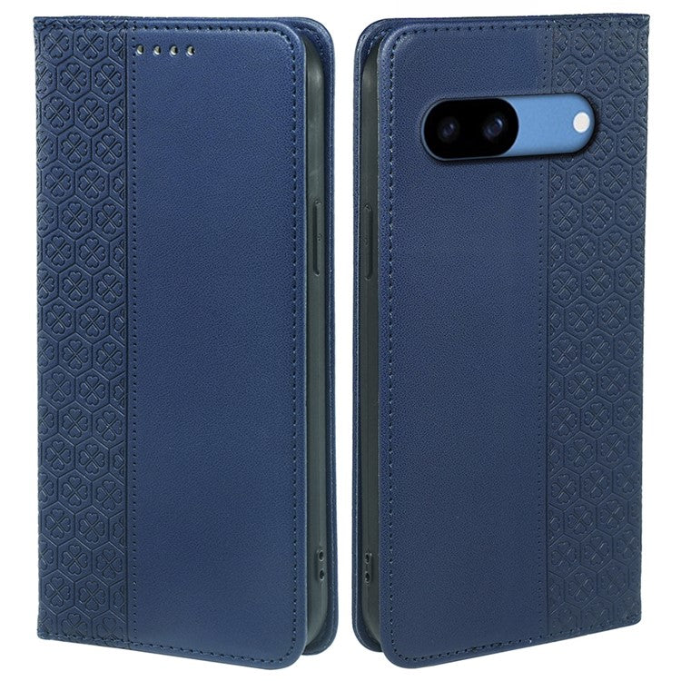 For Google Pixel 8a Case Four-Leaf Clover Leather Flip Phone Cover Stand Wallet - Blue