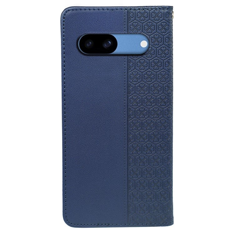 For Google Pixel 8a Case Four-Leaf Clover Leather Flip Phone Cover Stand Wallet - Blue