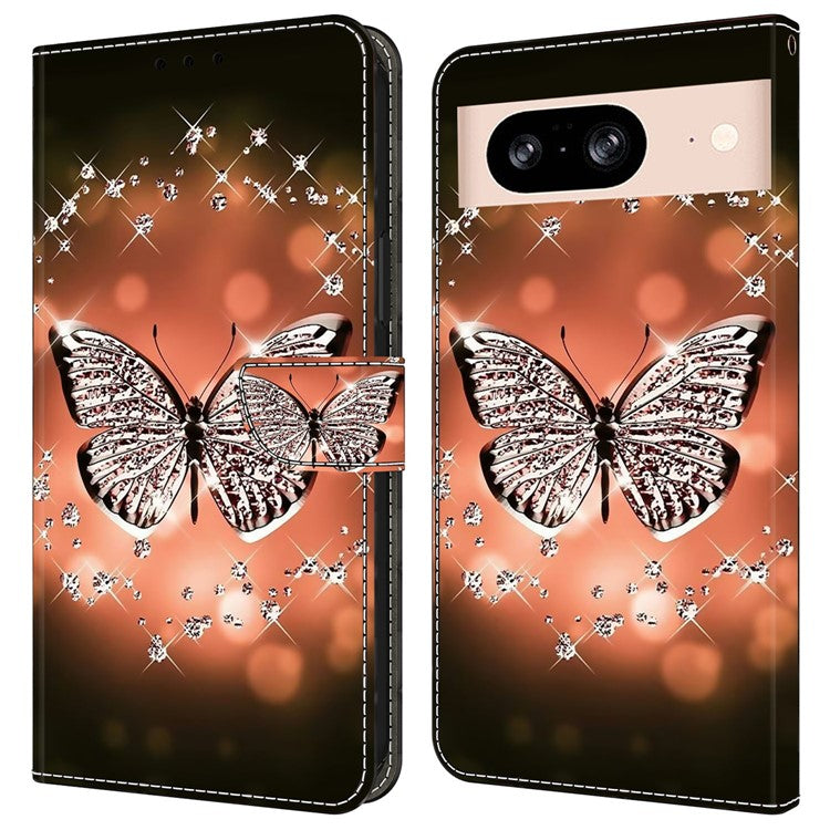 For Google Pixel 8a Case 3D Pattern PU Leather Wallet Phone Cover with Stand - Crystal Butterfly