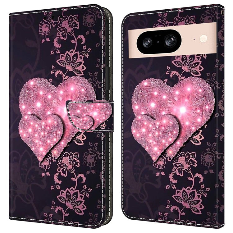 For Google Pixel 8a Case 3D Pattern PU Leather Wallet Phone Cover with Stand - Lace Hearts