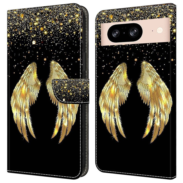 For Google Pixel 8a Case 3D Pattern PU Leather Wallet Phone Cover with Stand - Gold Wing