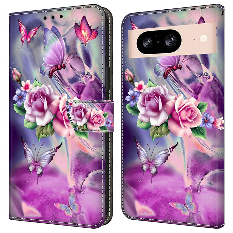 For Google Pixel 8a Case 3D Pattern PU Leather Wallet Phone Cover with Stand - Butterflies / Flowers