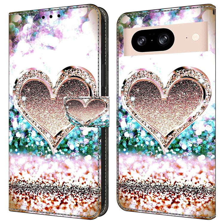 For Google Pixel 8a Case 3D Pattern PU Leather Wallet Phone Cover with Stand - Pink Diamond Heart