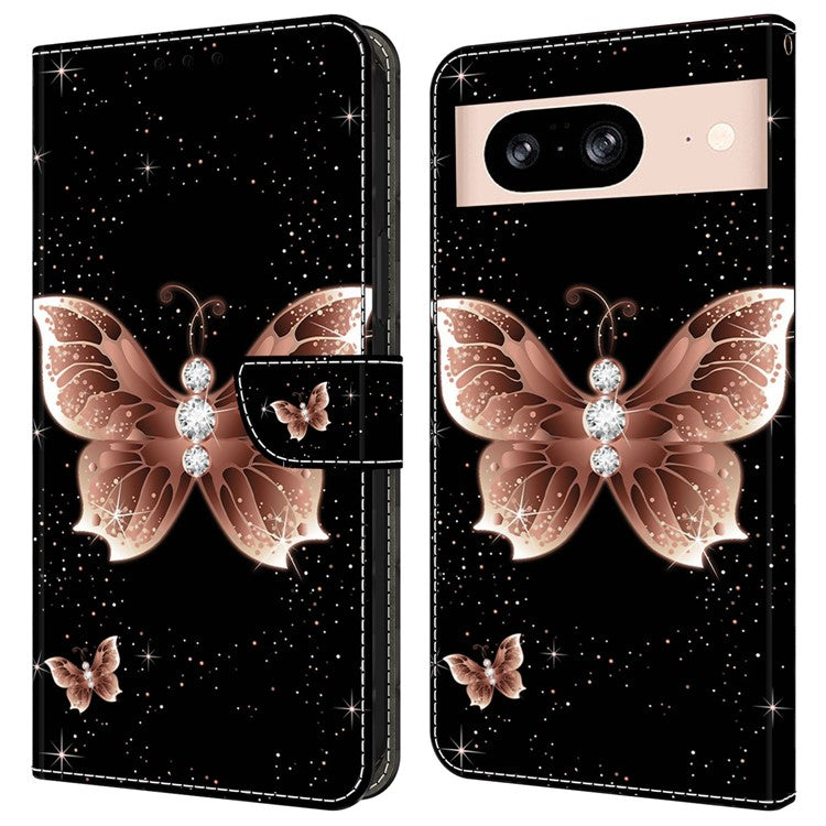 For Google Pixel 8a Case 3D Pattern PU Leather Wallet Phone Cover with Stand - Pink Diamond Butterfly