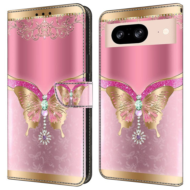 For Google Pixel 8a Case 3D Pattern PU Leather Wallet Phone Cover with Stand - Pink / Gold Butterfly