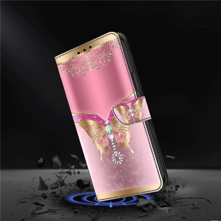 For Google Pixel 8a Case 3D Pattern PU Leather Wallet Phone Cover with Stand - Pink / Gold Butterfly