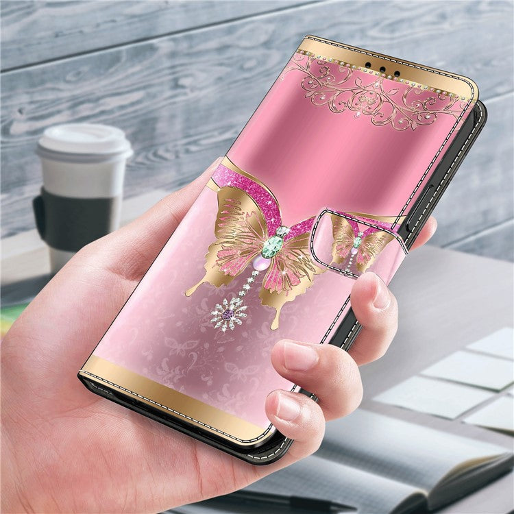 For Google Pixel 8a Case 3D Pattern PU Leather Wallet Phone Cover with Stand - Pink / Gold Butterfly