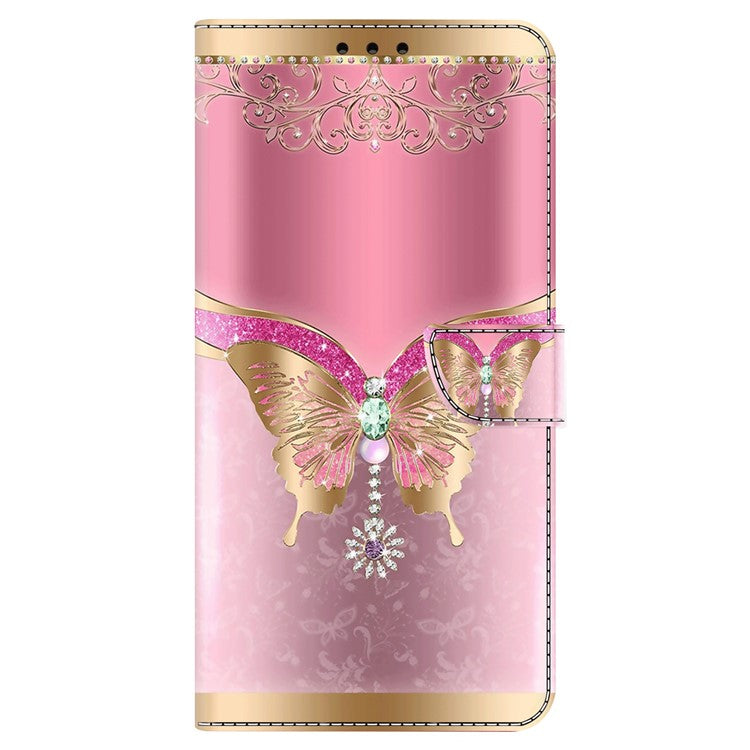 For Google Pixel 8a Case 3D Pattern PU Leather Wallet Phone Cover with Stand - Pink / Gold Butterfly