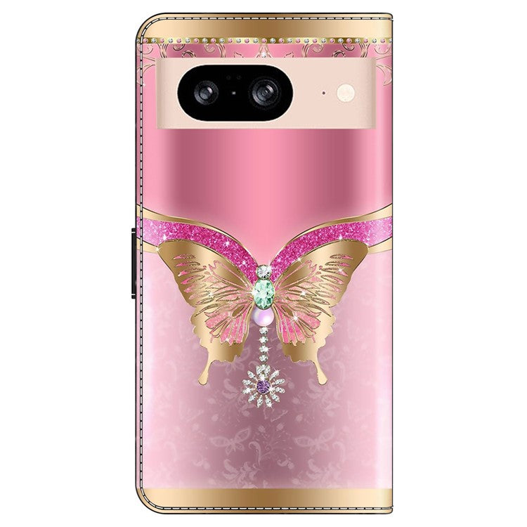 For Google Pixel 8a Case 3D Pattern PU Leather Wallet Phone Cover with Stand - Pink / Gold Butterfly