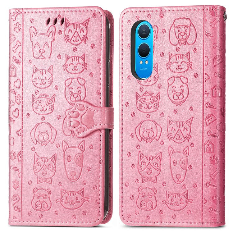 For OnePlus Nord CE4 Lite 5G  /  Oppo K12x 5G (China) Case Leather Wallet Flip Phone Cover Cute Cat Dog Pattern - Pink