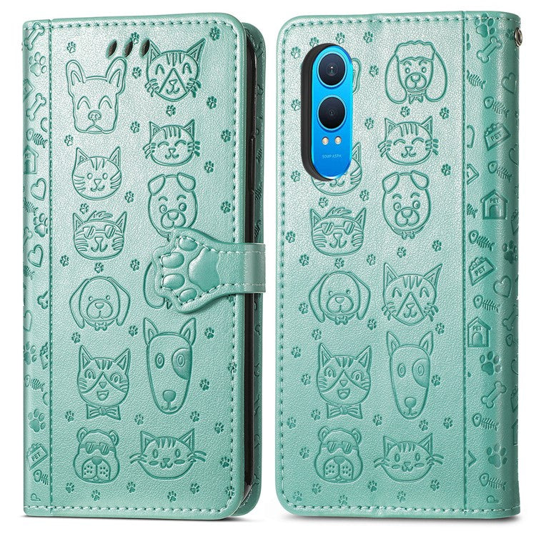 For OnePlus Nord CE4 Lite 5G  /  Oppo K12x 5G (China) Case Leather Wallet Flip Phone Cover Cute Cat Dog Pattern - Green