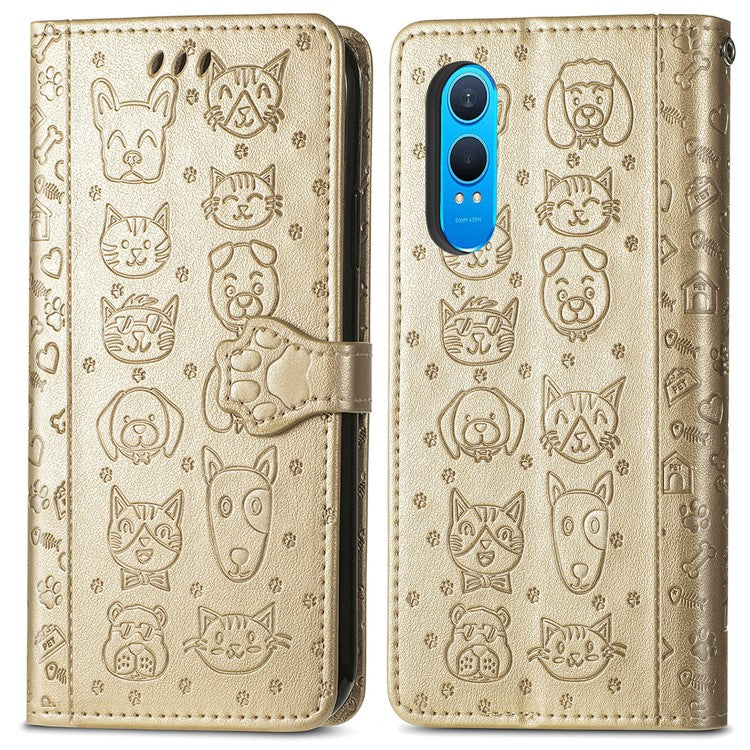 For OnePlus Nord CE4 Lite 5G  /  Oppo K12x 5G (China) Case Leather Wallet Flip Phone Cover Cute Cat Dog Pattern - Gold