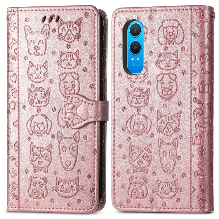 For OnePlus Nord CE4 Lite 5G  /  Oppo K12x 5G (China) Case Leather Wallet Flip Phone Cover Cute Cat Dog Pattern - Rose Gold