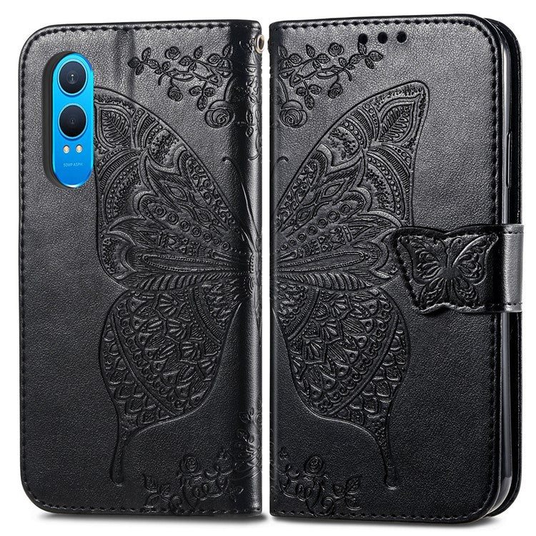 For OnePlus Nord CE4 Lite 5G / Oppo K12x 5G (China) Case PU Leather Wallet Phone Cover Butterfly Pattern - Black