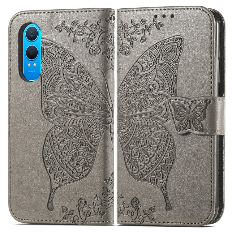 For OnePlus Nord CE4 Lite 5G / Oppo K12x 5G (China) Case PU Leather Wallet Phone Cover Butterfly Pattern - Grey