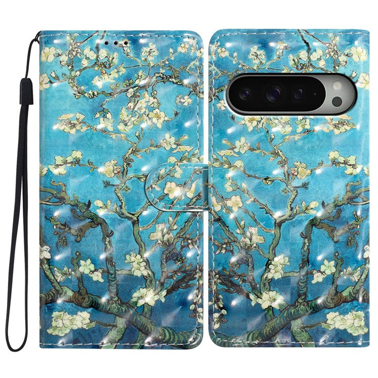 For Google Pixel 9 Pro XL Case PU Leather 3D Pattern Printing Wallet Phone Cover - Apricot Blossom