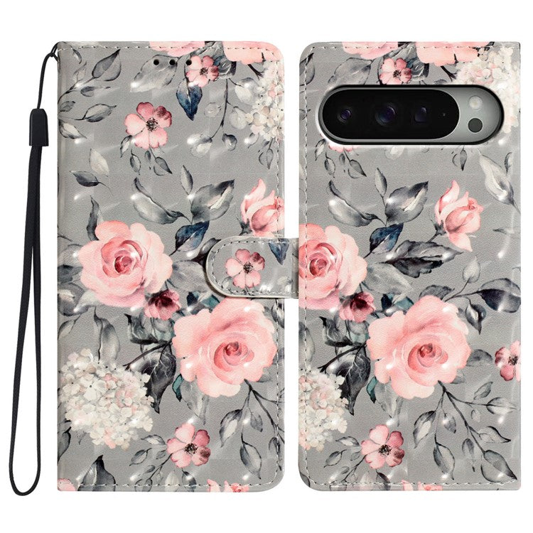 For Google Pixel 9 Pro XL Case PU Leather 3D Pattern Printing Wallet Phone Cover - Flowers