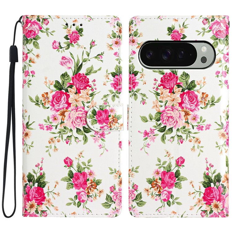 For Google Pixel 9 Pro XL Wallet Case PU Leather Pattern Printing Stand Phone Cover with Strap - Red Flowers