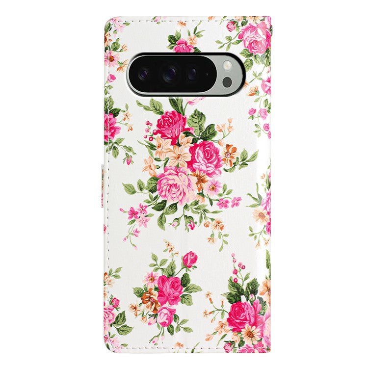 For Google Pixel 9 Pro XL Wallet Case PU Leather Pattern Printing Stand Phone Cover with Strap - Red Flowers