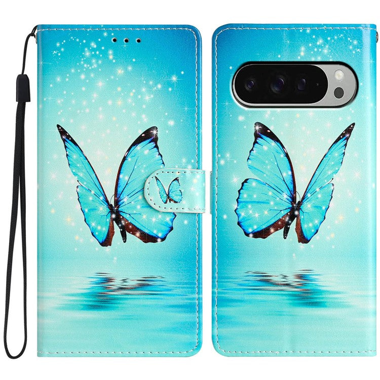 For Google Pixel 9 Pro XL Wallet Case PU Leather Pattern Printing Stand Phone Cover with Strap - Blue Butterfly