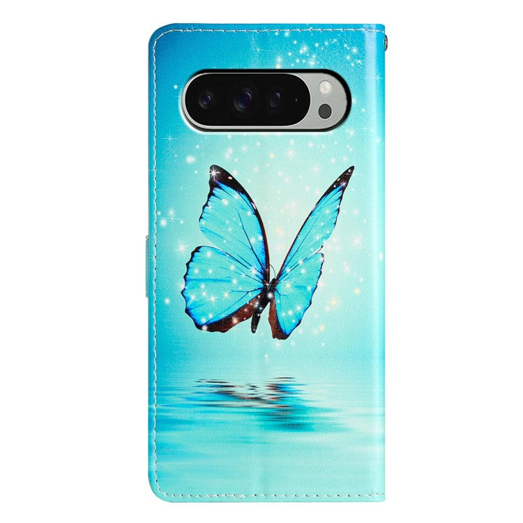 For Google Pixel 9 Pro XL Wallet Case PU Leather Pattern Printing Stand Phone Cover with Strap - Blue Butterfly