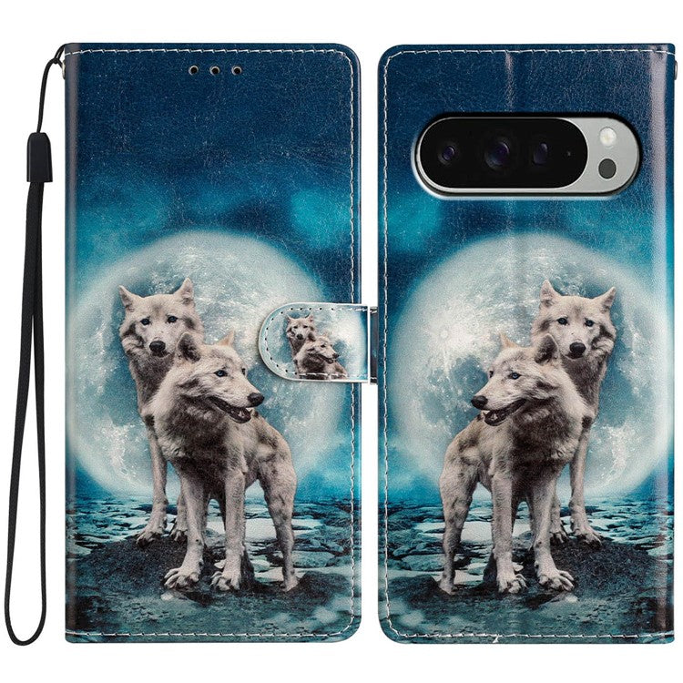 For Google Pixel 9 Pro XL Wallet Case PU Leather Pattern Printing Stand Phone Cover with Strap - Two Wolves