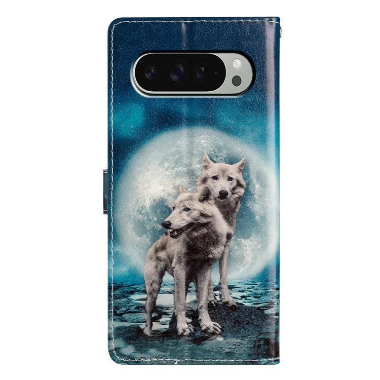 For Google Pixel 9 Pro XL Wallet Case PU Leather Pattern Printing Stand Phone Cover with Strap - Two Wolves