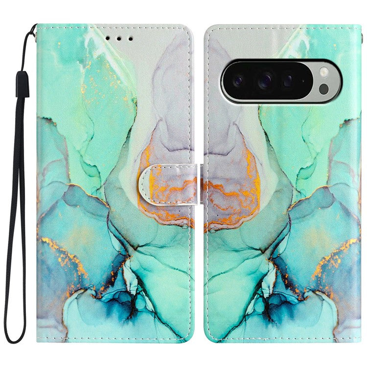 For Google Pixel 9 Pro XL Wallet Case PU Leather Pattern Printing Stand Phone Cover with Strap - Green Marble