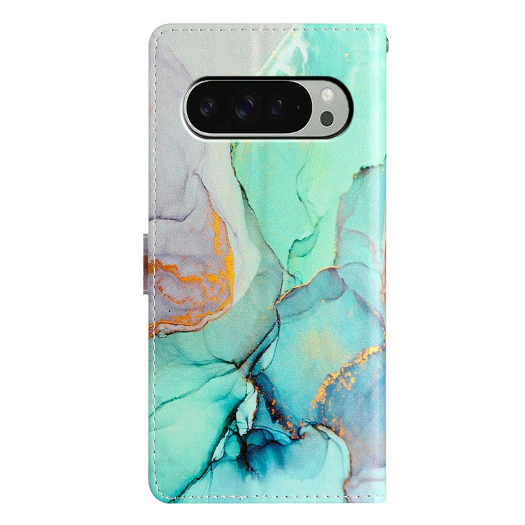 For Google Pixel 9 Pro XL Wallet Case PU Leather Pattern Printing Stand Phone Cover with Strap - Green Marble