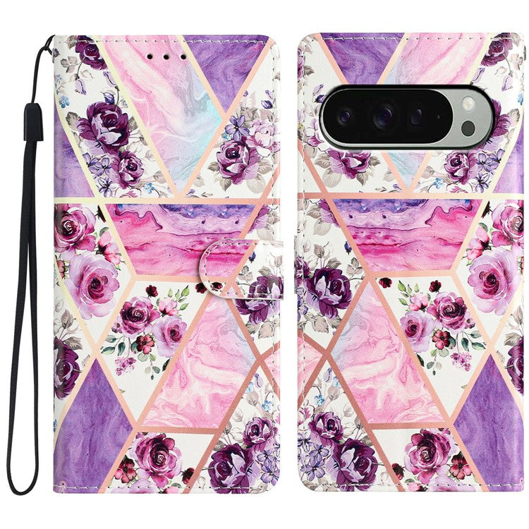 For Google Pixel 9 Pro XL Wallet Case PU Leather Pattern Printing Stand Phone Cover with Strap - Purple Flowers