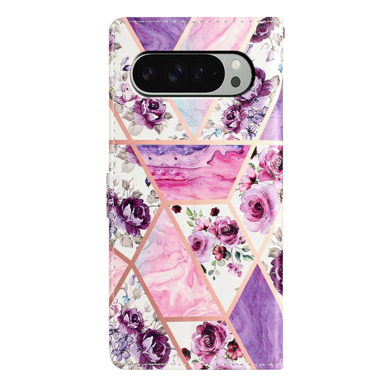 For Google Pixel 9 Pro XL Wallet Case PU Leather Pattern Printing Stand Phone Cover with Strap - Purple Flowers