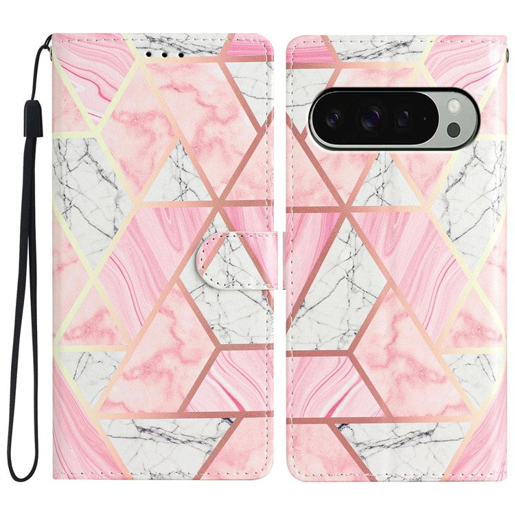 For Google Pixel 9 Pro XL Wallet Case PU Leather Pattern Printing Stand Phone Cover with Strap - Pink Marble