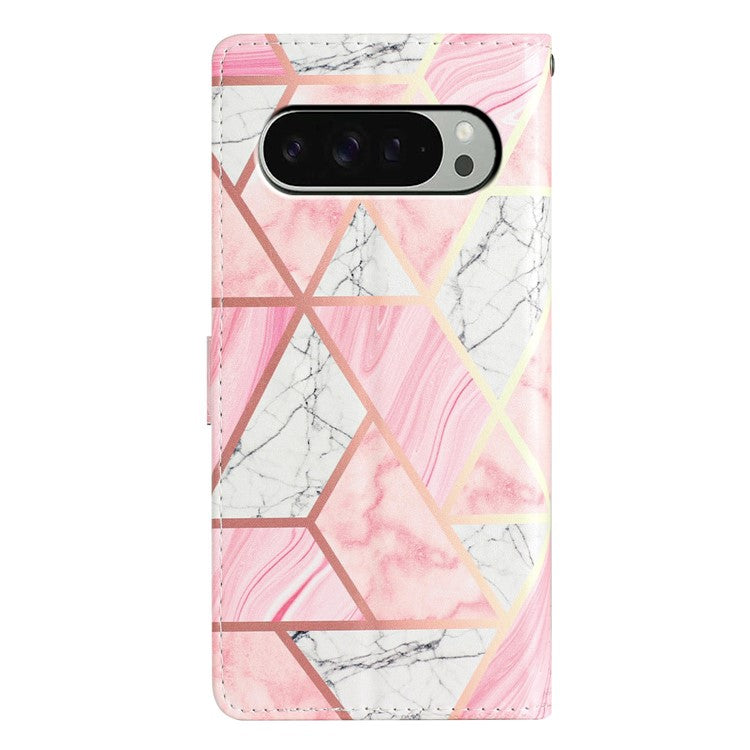 For Google Pixel 9 Pro XL Wallet Case PU Leather Pattern Printing Stand Phone Cover with Strap - Pink Marble