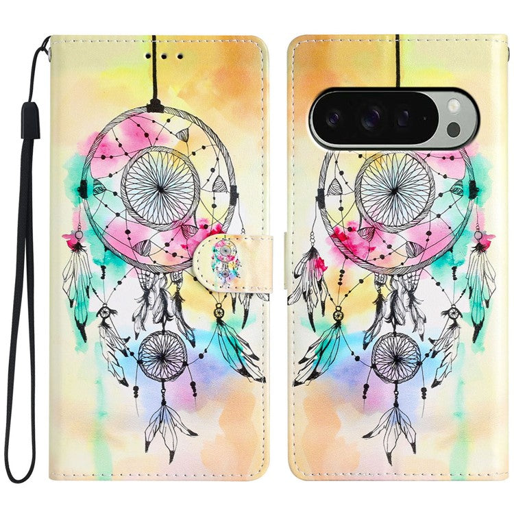 For Google Pixel 9 Pro XL Wallet Case PU Leather Pattern Printing Stand Phone Cover with Strap - Wind Chime