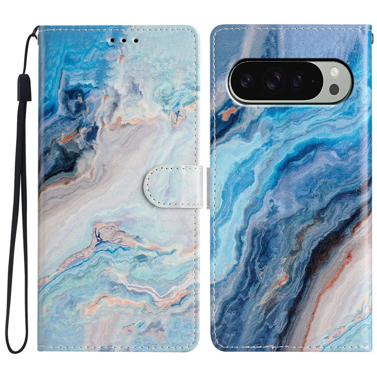 For Google Pixel 9 Pro XL Wallet Case PU Leather Pattern Printing Stand Phone Cover with Strap - Blue Marble