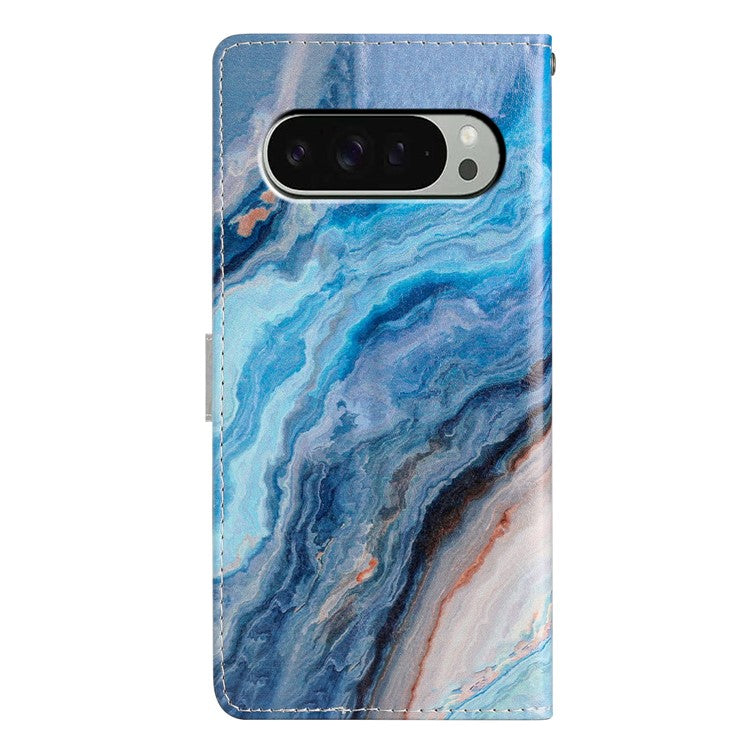 For Google Pixel 9 Pro XL Wallet Case PU Leather Pattern Printing Stand Phone Cover with Strap - Blue Marble