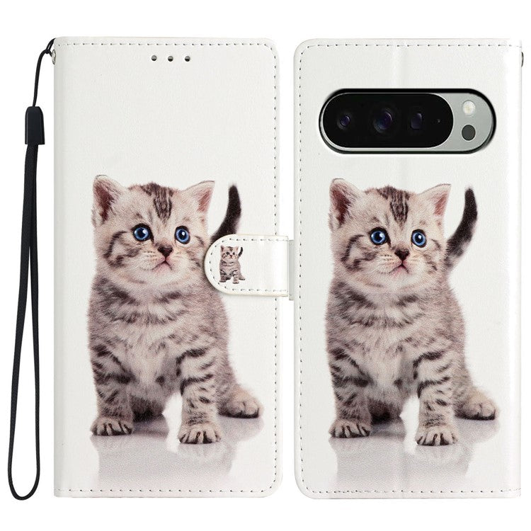 For Google Pixel 9 Pro XL Wallet Case PU Leather Pattern Printing Stand Phone Cover with Strap - Cute Cat