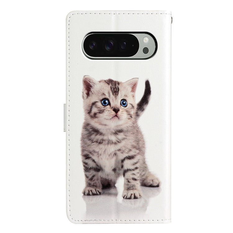 For Google Pixel 9 Pro XL Wallet Case PU Leather Pattern Printing Stand Phone Cover with Strap - Cute Cat