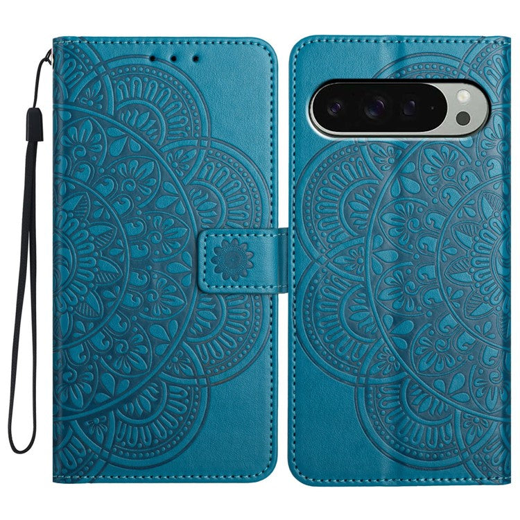 For Google Pixel 9 Pro XL Leather Case with Card Slots Mandala Pattern Phone Cover Stand - Blue