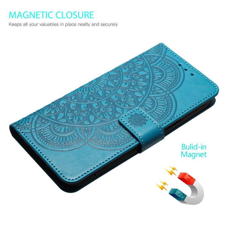 For Google Pixel 9 Pro XL Leather Case with Card Slots Mandala Pattern Phone Cover Stand - Blue