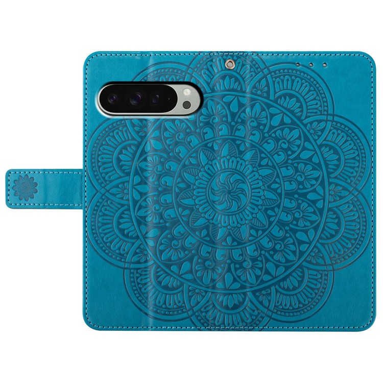 For Google Pixel 9 Pro XL Leather Case with Card Slots Mandala Pattern Phone Cover Stand - Blue