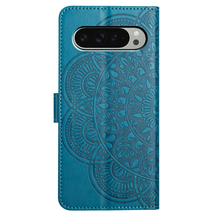 For Google Pixel 9 Pro XL Leather Case with Card Slots Mandala Pattern Phone Cover Stand - Blue