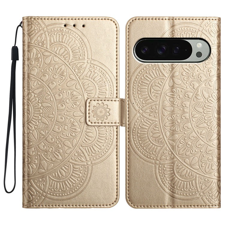 For Google Pixel 9 Pro XL Leather Case with Card Slots Mandala Pattern Phone Cover Stand - Gold