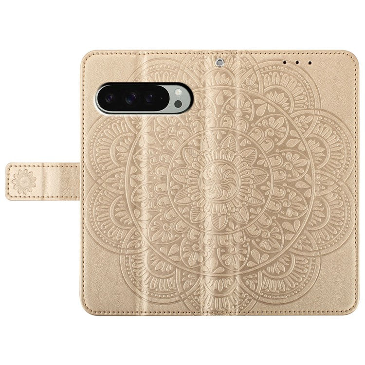 For Google Pixel 9 Pro XL Leather Case with Card Slots Mandala Pattern Phone Cover Stand - Gold