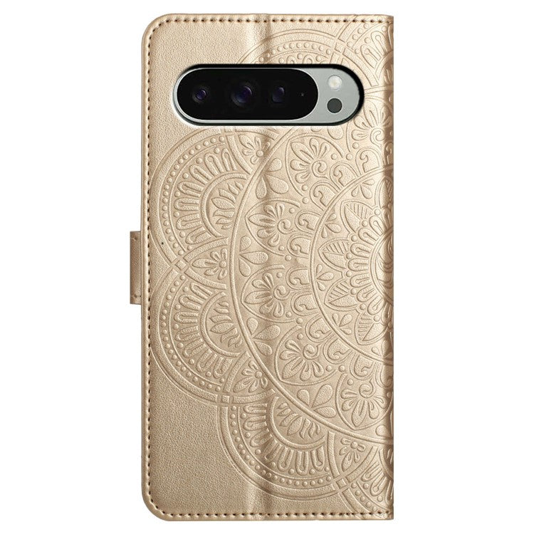 For Google Pixel 9 Pro XL Leather Case with Card Slots Mandala Pattern Phone Cover Stand - Gold