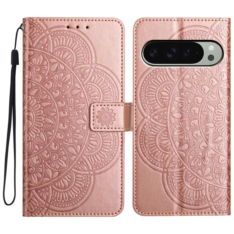 For Google Pixel 9 Pro XL Leather Case with Card Slots Mandala Pattern Phone Cover Stand - Rose Gold