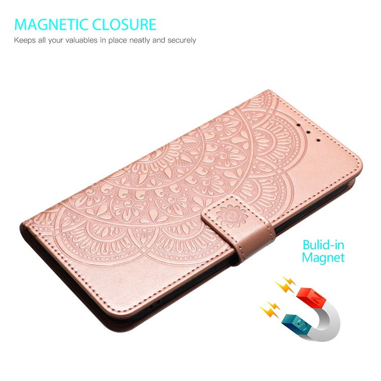 For Google Pixel 9 Pro XL Leather Case with Card Slots Mandala Pattern Phone Cover Stand - Rose Gold