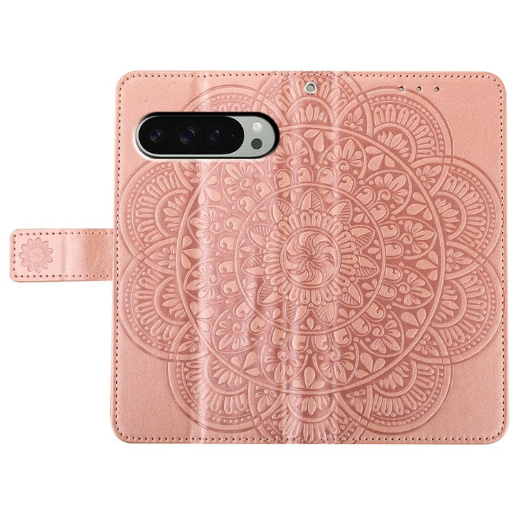 For Google Pixel 9 Pro XL Leather Case with Card Slots Mandala Pattern Phone Cover Stand - Rose Gold